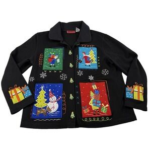 Women's‎ Medium Holiday Christmas Sweater Cardigan Santa Snowman Onque Casuals